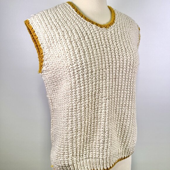 Handmade Knit Sweater Vest Cream Mustard Trim 70s Retro Fall Layering Chunky - Picture 1 of 9